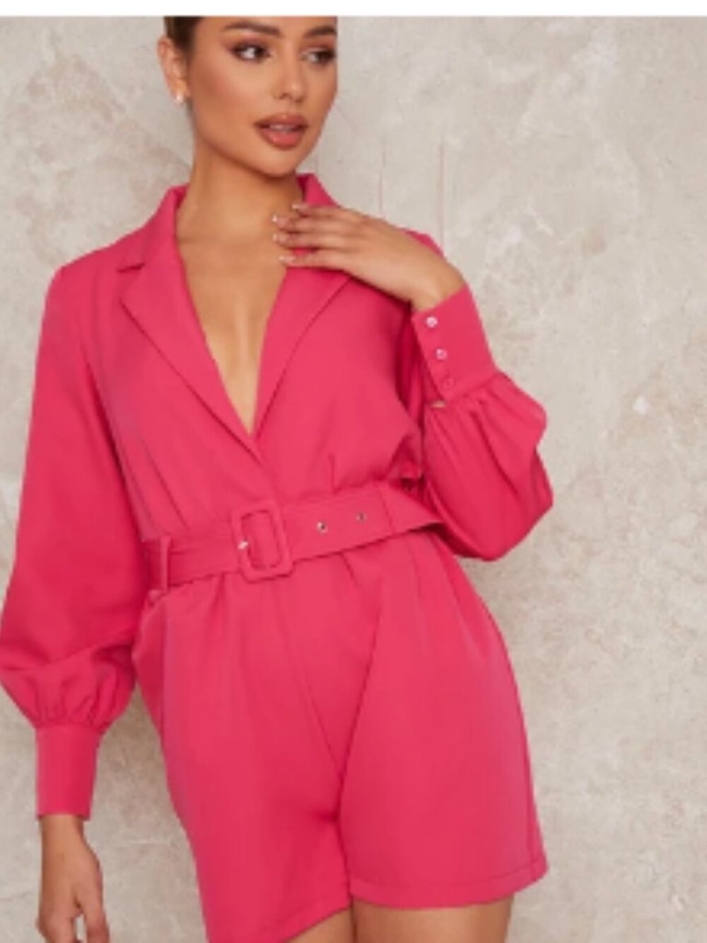 Tailored Long Sleeve Playsuit with Belt in Pink